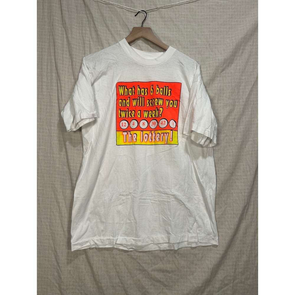 Vintage Bell Apparel Lottery Joke Graphic T-Shirt Mens‎ XL White USA Made #2136